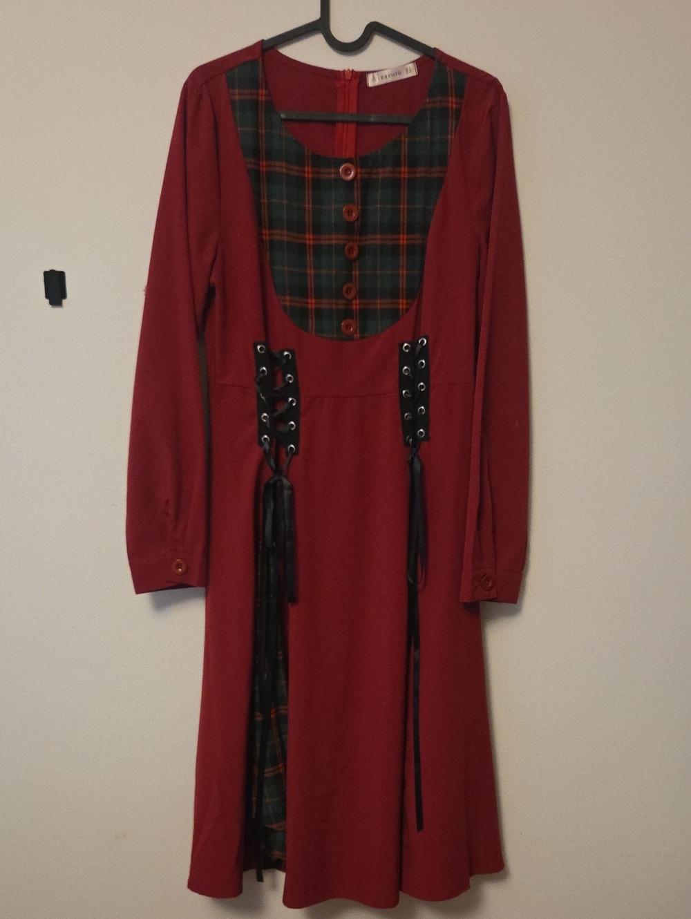 Red Plaid-Accent Long Sleeve Dress with Lace-Up Details